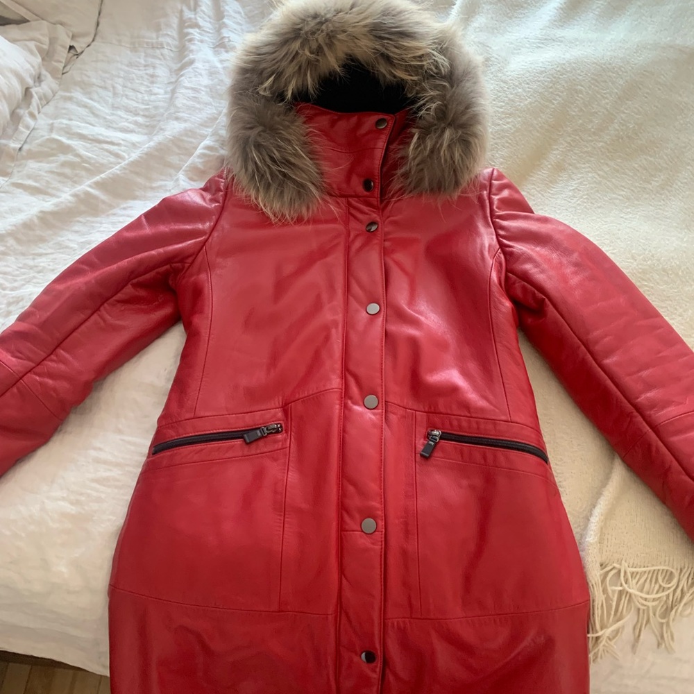Furlux bright red leather puffer winter jacket.